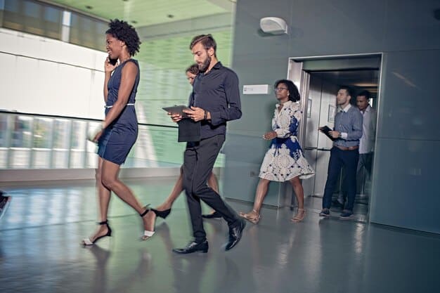 A diverse group of people in business attire, walking purposefully through a modern office building, implying lobbyists on their way to influence policy.