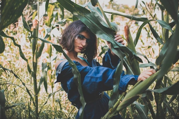 A close-up shot of a farmer inspecting a cornfield in the United States. The farmer is wearing a baseball cap and a weathered work shirt. The corn stalks are tall and green, indicating a healthy crop. The image emphasizes the hard work and dedication of American farmers.