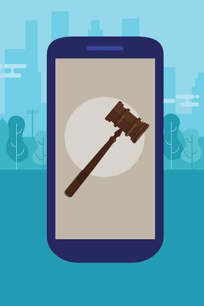 A gavel striking down on a smartphone displaying social media logos, symbolizing legal actions and regulatory scrutiny over Big Tech's practices.
