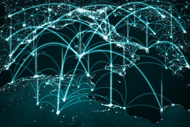 A modern and dynamic graphic depicting data flowing across a supply chain network, highlighting the use of technology like blockchain, IoT sensors, and AI analytics to enhance visibility and responsiveness.
