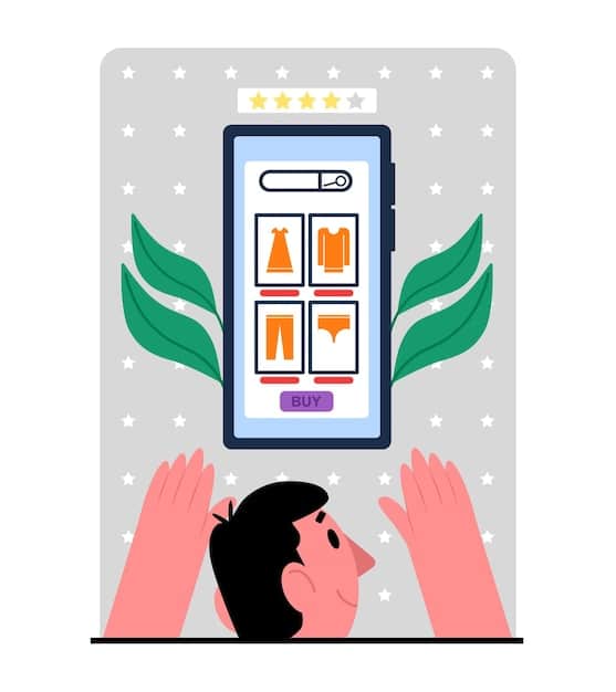 A customer using a mobile app to scan a product in a store. The app overlays augmented reality (AR) information, displaying product details and reviews on the screen.
