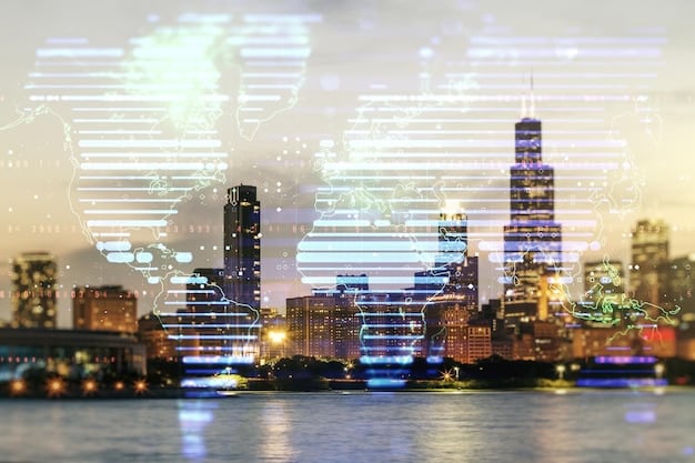 A cityscape with various tall buildings from different countries, highlighting international business locations, next to a digital tablet showcasing data analytics and market trends for businesses.