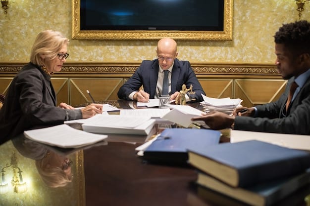 Business people from different countries sitting around a table, signing contracts, with legal books and a gavel in the background, symbolizing the importance of legal compliance.