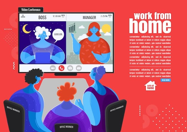 A graphic depicting a US-based company hosting a virtual team-building event for its remote employees. The scene shows diverse team members participating in an online game and enjoying casual conversation, demonstrating efforts to maintain team connection and boost morale.