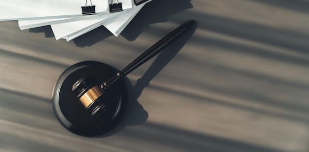 A gavel striking on a sound block, symbolizing the regulatory and legal environment that governs mergers and acquisitions. In the background, blurred figures representing lawyers and policymakers add context to the image.