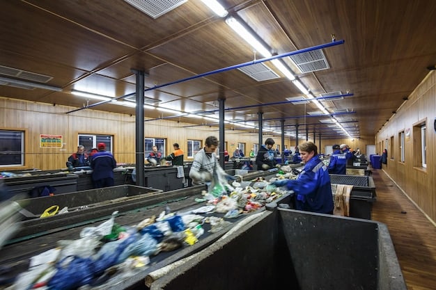 A company's recycling station with clearly labeled bins for different materials, showcasing waste reduction and recycling efforts.