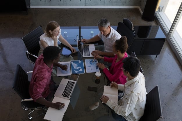 A diverse group of people collaborating around a table, with holographic AI interfaces displayed above them, illustrating the importance of human oversight in AI implementation in US businesses.