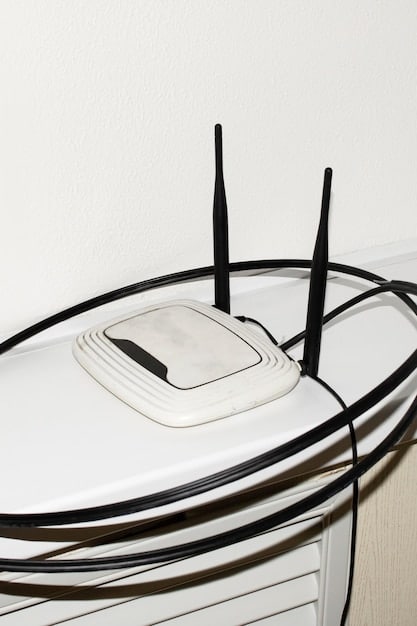 A close-up shot of a 5G modem or router, showcasing its sleek design and various connection ports. The background is slightly blurred, with hints of a rural home interior.