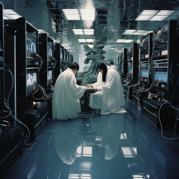 A photo of a state-of-the-art quantum computing lab with researchers in clean suits working on complex machinery, illustrating the cutting-edge research and development efforts in the quantum computing field.