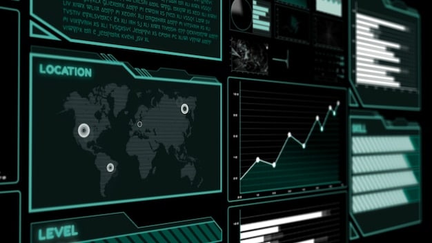 A digital dashboard showing real-time threat detection with AI algorithms analyzing network traffic, highlighting anomalies and potential cyberattacks.