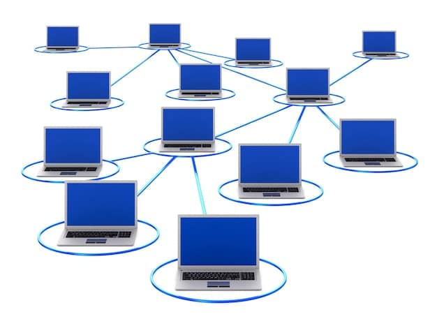A diagram illustrating the concept of a distributed ledger, showing multiple computers or nodes connected in a network. Each node holds a copy of the blockchain, and transactions are verified across the network. Annotations highlight the decentralized and transparent nature of the system.