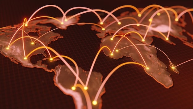 A depiction of a global supply chain, visualized as a network of interconnected nodes representing different stages like manufacturing, shipping, and retail. Overlaid on this network are visual elements indicating blockchain transactions and secure data transfer.