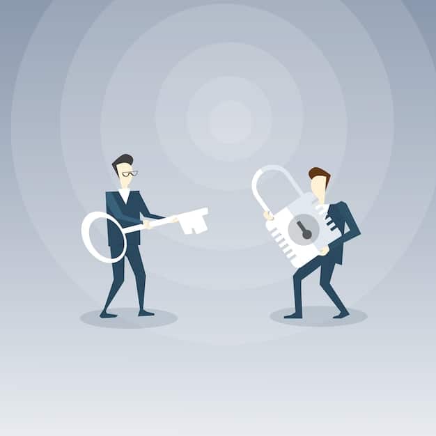 a simplified illustration showing two individuals: one struggling to remember a complex password (indicated by swirling symbols above their head), and the other effortlessly unlocking a device with a fingerprint.