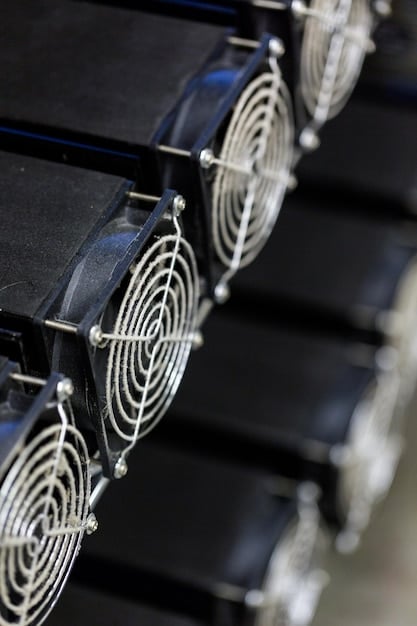 A close-up of a server rack with advanced liquid cooling technology implemented. The cooling system is shown as efficient and compact, reducing the need for traditional air conditioning. Condensation is visible, emphasizing the cooling process.