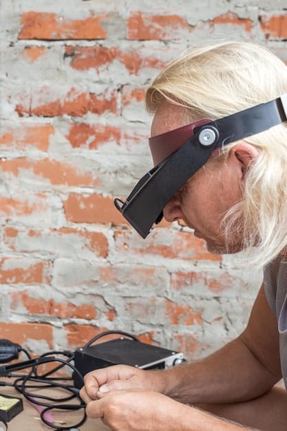 A close-up shot of an AR headset displaying step-by-step instructions for assembling a complex piece of machinery. The hands of the trainee are visible as they follow the AR guidance.