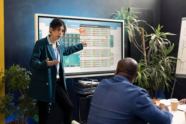 A project manager presenting an AR training implementation plan to a team of executives. The presentation includes data points showing potential ROI and skill improvements.