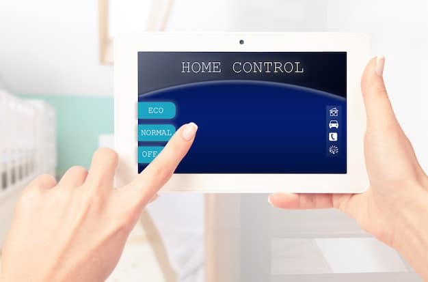 A close-up of a smart home security system's control panel, displaying a user-friendly interface with icons representing different security functions like arming, disarming, camera feeds, and sensor status. The panel is sleek and modern, indicating advanced technology.