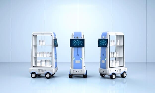 A delivery robot navigating the corridors of a hospital, carrying medications or supplies. It's sleek, modern design and seamless integration into the hospital environment. Patients and staff can be seen in the background, going about their daily routines.