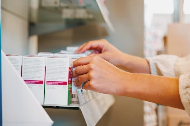 A close-up of an automated medication dispensing system filling a prescription in a pharmacy setting. The system is highly organized and efficient, with robotic arms and barcode scanners working in concert to ensure accuracy and safety.