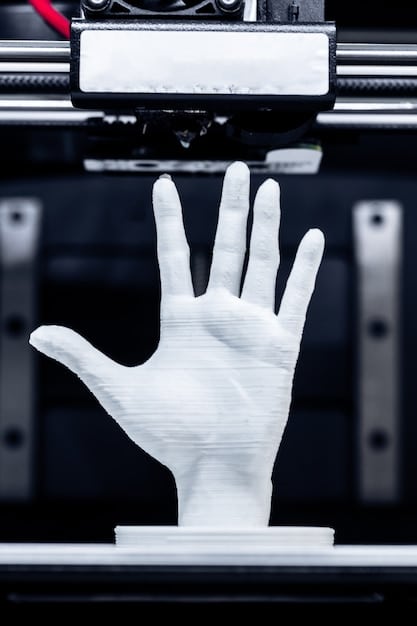 A close-up shot of a robotic arm using a 3D printer to create a complex metal part in a manufacturing facility, highlighting the precision and automation of the process.