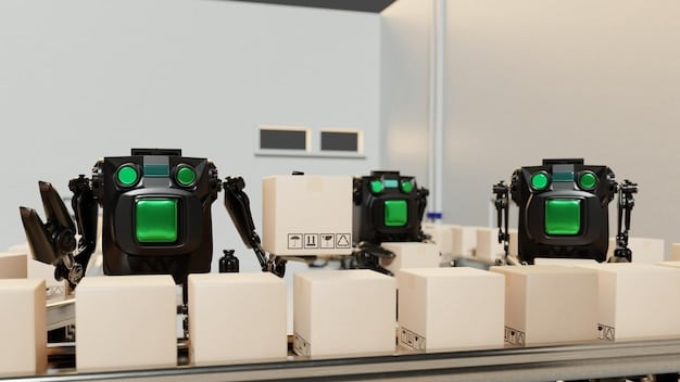 A close-up shot of various IoT sensors and devices used in a warehouse environment, such as smart inventory tags, automated guided vehicles (AGVs), and environmental sensors, highlighting the diverse applications of IoT in supply chain operations.