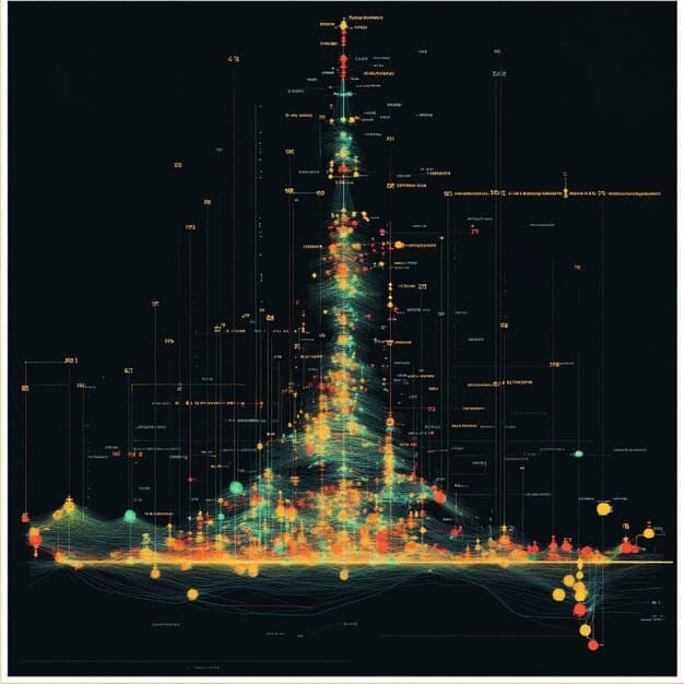 A visually striking representation of a stock market chart with overlaid machine learning neural network nodes, demonstrating the complex integration of data analysis and market trends.