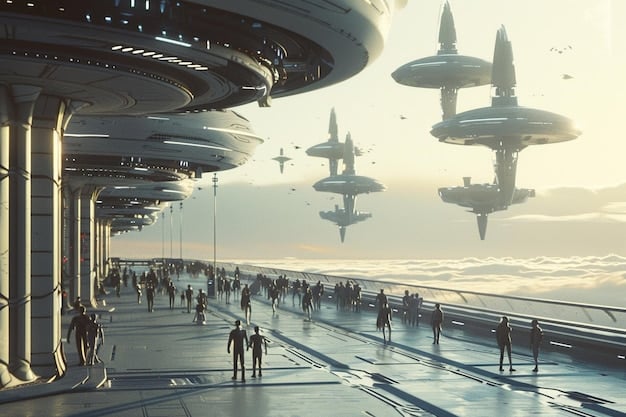 A futuristic concept illustration of a spaceport with multiple commercial spaceships taking off and landing. The illustration includes a crowd of diverse people, suggesting that space travel is becoming a common activity.