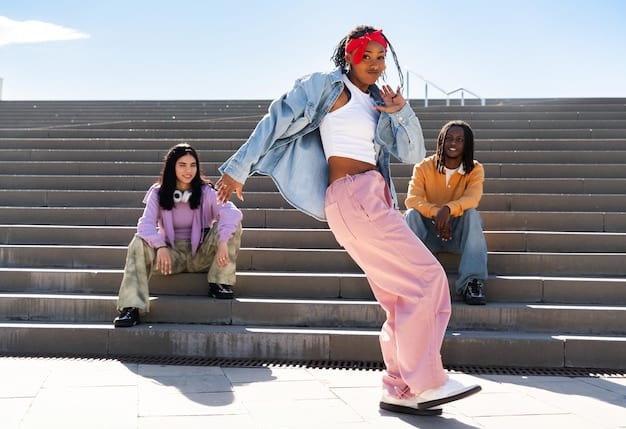 A group of diverse Gen Z individuals dressed in iconic Y2K fashion pieces, such as low-rise jeans, crop tops, and platform shoes, posing in a vibrant urban setting with graffiti art in the background.