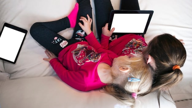 A split screen illustrating a family enjoying various streaming services on different devices (TV, tablet, phone), showcasing the importance of multi-device access and family plans.