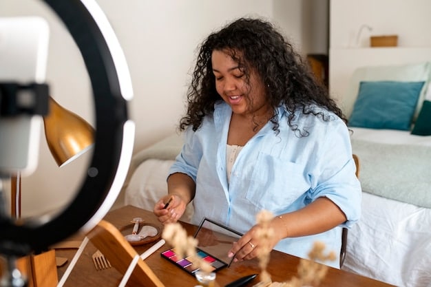 An influencer creating content in their home studio, surrounded by branded merchandise and engaging with their followers through live comments and interactive polls.