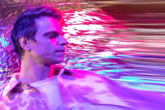 A close-up shot of a person interacting with an augmented reality art installation at a music festival, with colorful digital effects overlaying the scene.