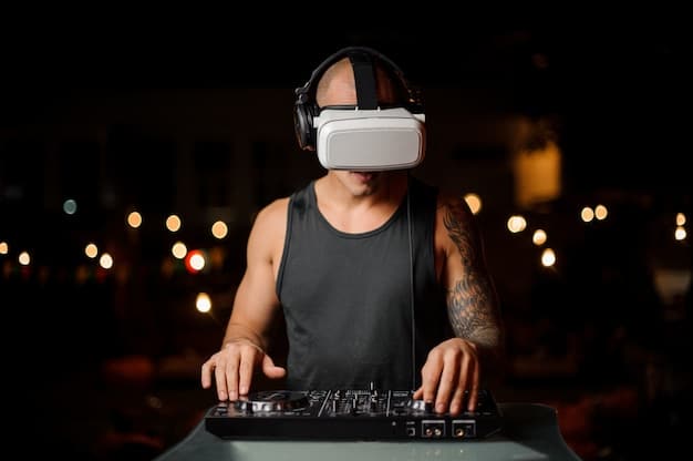 A person wearing a VR headset at a music festival, immersed in a virtual experience while still physically present at the event.