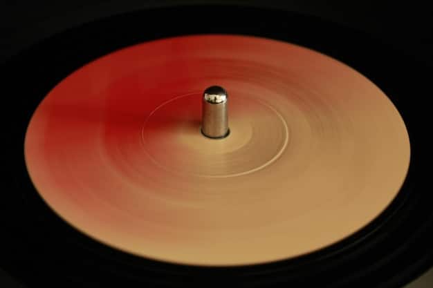 A close-up shot of a vinyl record spinning on a turntable. The needle is visible, and the warm glow of a lamp highlights the grooves of the record. The background is blurred to focus attention on the record and turntable.