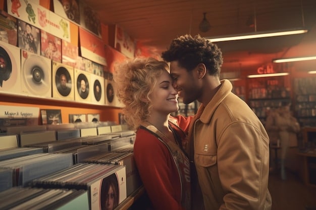 Two people flipping through vinyl records in a record store looking excited and engaged.