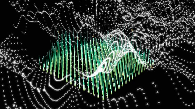 An AI interface showing lines of musical notes being generated by algorithms, displayed on a holographic screen with various audio waveforms.