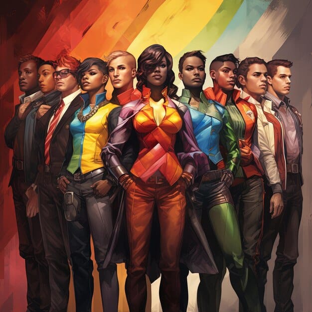 A visually striking image of a team of diverse Marvel superheroes, including both well-known characters and new faces, standing together in a dynamic pose. The background should feature iconic Marvel locations and futuristic elements, symbolizing the blend of classic and modern elements in Marvel's lineup for 2025.