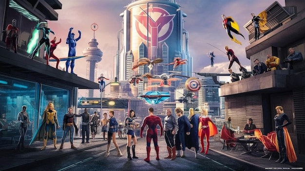A concept art image depicting a potential crossover event between Marvel and DC characters. The image can showcase iconic heroes and villains teamed up or facing off against each other in a visually stunning and imaginative setting, highlighting the possibilities and excitement of such a crossover.