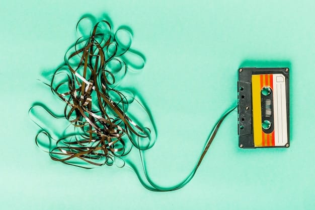 A split image showing a vintage Walkman cassette player on one side and a modern Spotify playlist interface on the other, visually representing the transition from 90s music technology to modern streaming services.