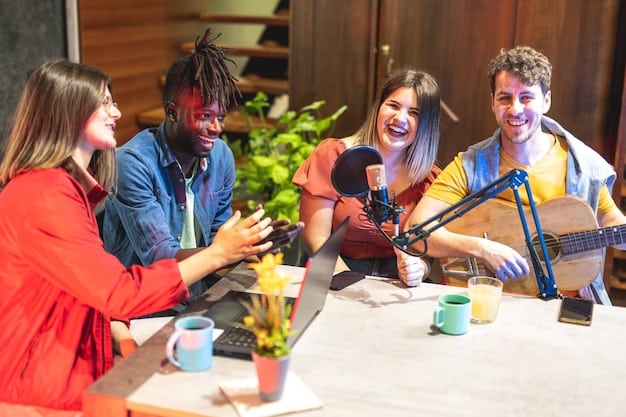 A group of diverse individuals sitting around a table with microphones, laughing and engaged in conversation. The setting is a brightly lit studio with NPR branding visible in the background.