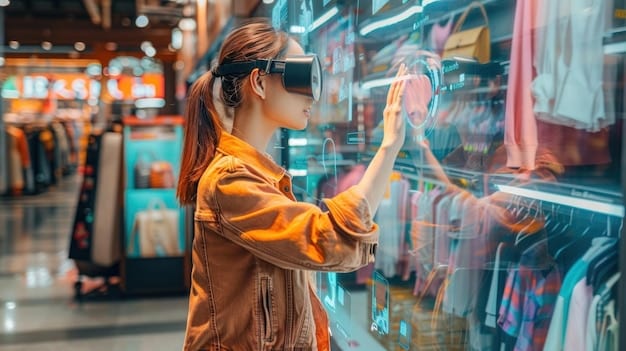 A user wearing AR glasses overlaid with virtual elements in a retail store, seamlessly blending the physical and digital realms to enhance the shopping experience. The AR elements display product information, personalized recommendations, and interactive games promoting brand engagement.