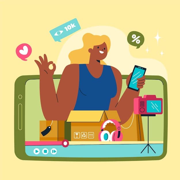 A US influencer showcasing new monetization tools on her smartphone, with digital overlay graphics representing subscriptions, badges, and shopping features, highlighting direct fan support.