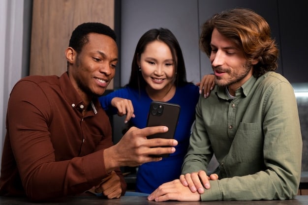 A diverse group of people, each holding a smartphone, looking engaged in a discussion while a large, abstract 
