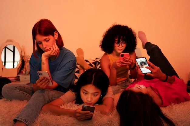 A close-up of a diverse group of young adults, each absorbed in watching content on their smartphones, representing the short-form video consumption trend on YouTube Shorts.