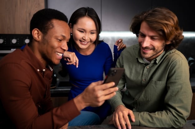 A diverse group of young adults actively engaged with their smartphones, laughing and showing each other TikTok videos, symbolizing successful content consumption and community engagement.
