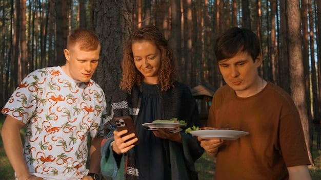 A group of friends in the US creating a collaborative Snapchat AR lens story, with various digital effects interacting in their shared physical space.