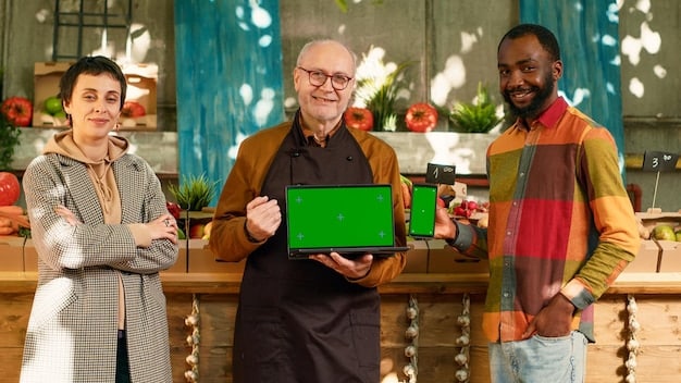 A diverse group of small business owners smiling and pointing at a tablet displaying Instagram posts, suggesting teamwork and learning. A vibrant, modern office background indicates a collaborative environment for entrepreneurs.