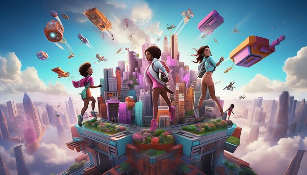 A diverse group of stylized digital avatars exploring a vibrant, branded virtual city in the metaverse, with floating billboards and interactive elements.