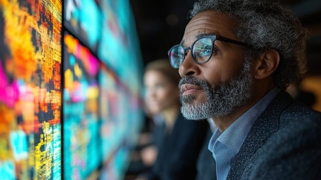 A close-up of a diverse group of marketers in a meeting room, analyzing complex data projected onto a holographic screen displaying metaverse analytics.