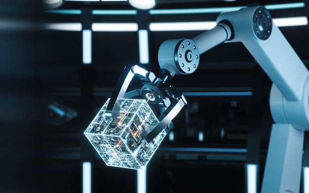 A robotic arm precisely assembling a product on a futuristic factory floor, surrounded by glowing data streams, symbolizing 6G-enabled smart manufacturing.