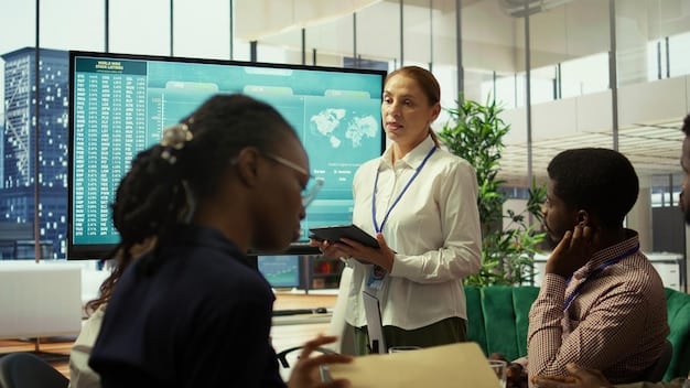A diverse group of business professionals in a modern meeting room, using holographic displays and interacting with data visualizations, symbolizing strategic planning for 6G integration.